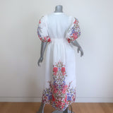 Zimmermann Poppy Shirred Waist Midi Dress White Floral Print Linen Size 2