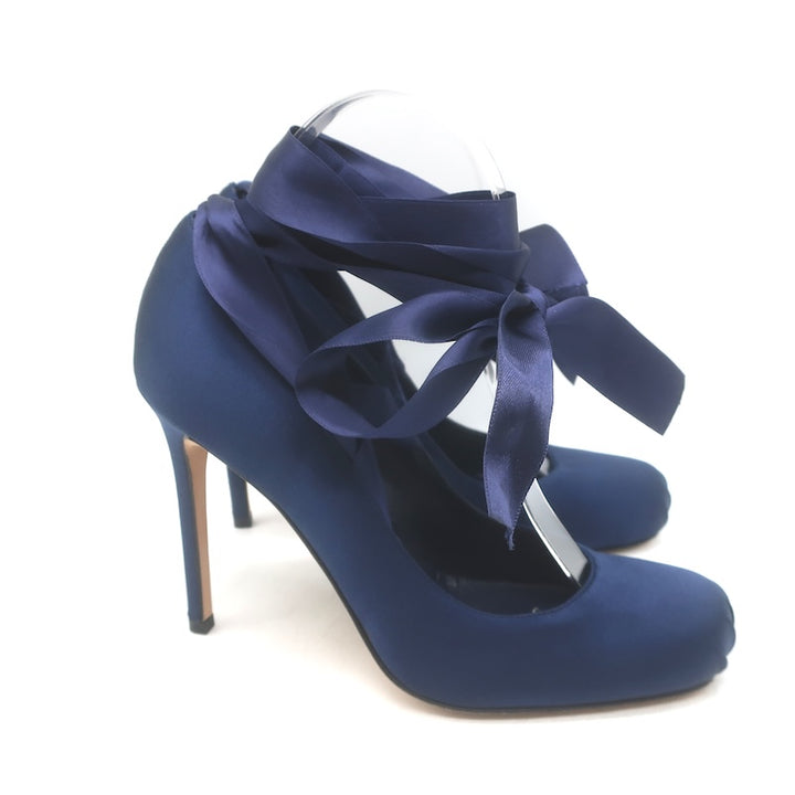 Vintage Chanel 2022 Ankle Wrap Ballet Pumps Navy Satin Size 38 NEW