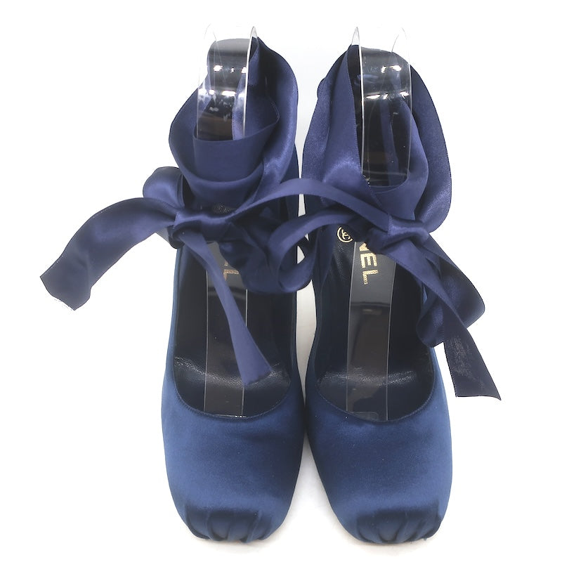Vintage Chanel 2022 Ankle Wrap Ballet Pumps Navy Satin Size 38 NEW