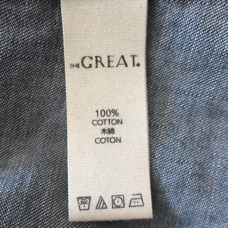 THE GREAT Denim Puff Sleeve Top Blue Cotton Size 0