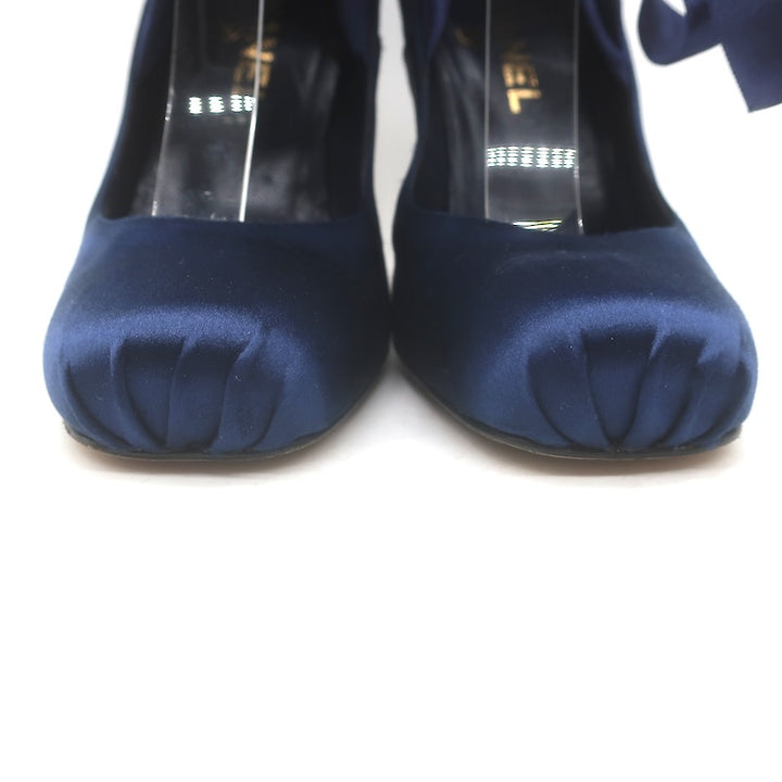 Vintage Chanel 2022 Ankle Wrap Ballet Pumps Navy Satin Size 38 NEW