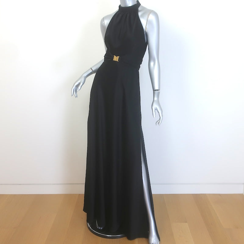 ME+EM Beautifully Draped Belted Halter Gown Black Fluid Satin Size US 2 NEW