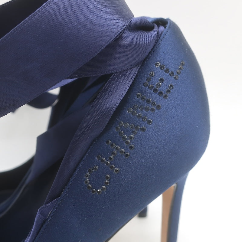 Vintage Chanel 2022 Ankle Wrap Ballet Pumps Navy Satin Size 38 NEW