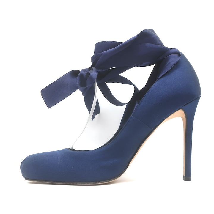 Vintage Chanel 2022 Ankle Wrap Ballet Pumps Navy Satin Size 38 NEW