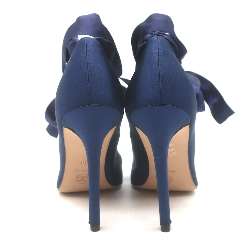 Vintage Chanel 2022 Ankle Wrap Ballet Pumps Navy Satin Size 38 NEW