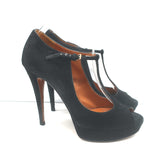Gucci Betty T-Strap Platform Pumps Black Suede Size 37.5 Peep Toe Heels