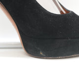 Gucci Betty T-Strap Platform Pumps Black Suede Size 37.5 Peep Toe Heels