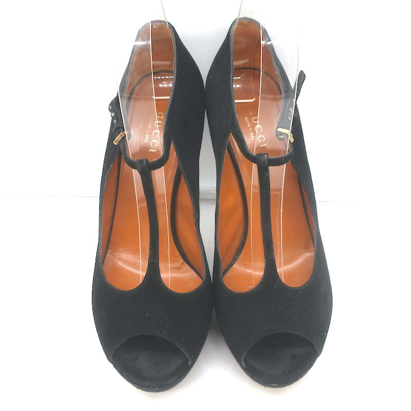 Gucci Betty T-Strap Platform Pumps Black Suede Size 37.5 Peep Toe Heels