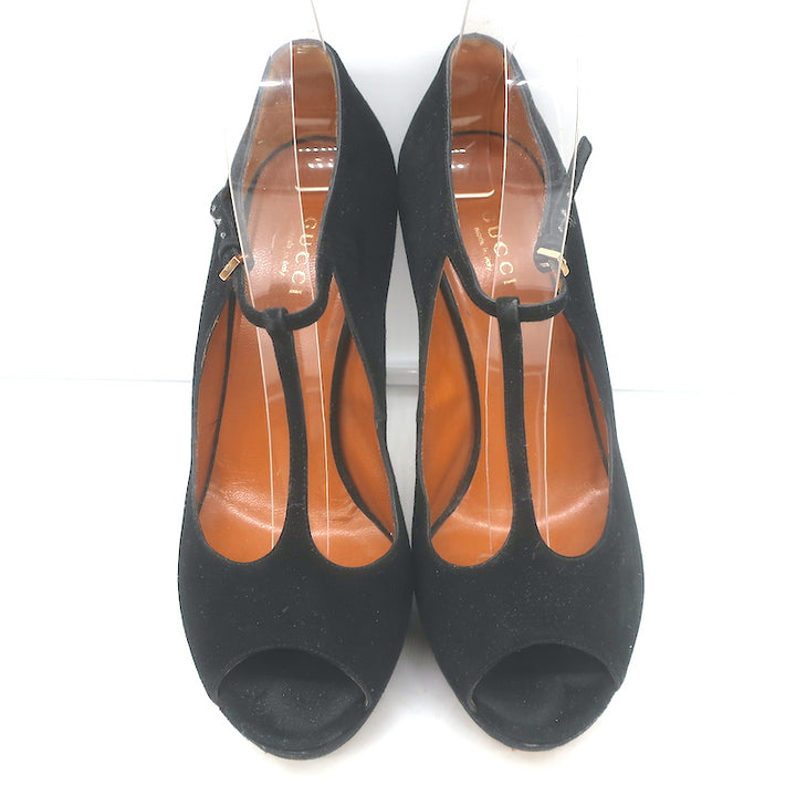 Gucci Betty T-Strap Platform Pumps Black Suede Size 37.5 Peep Toe Heels