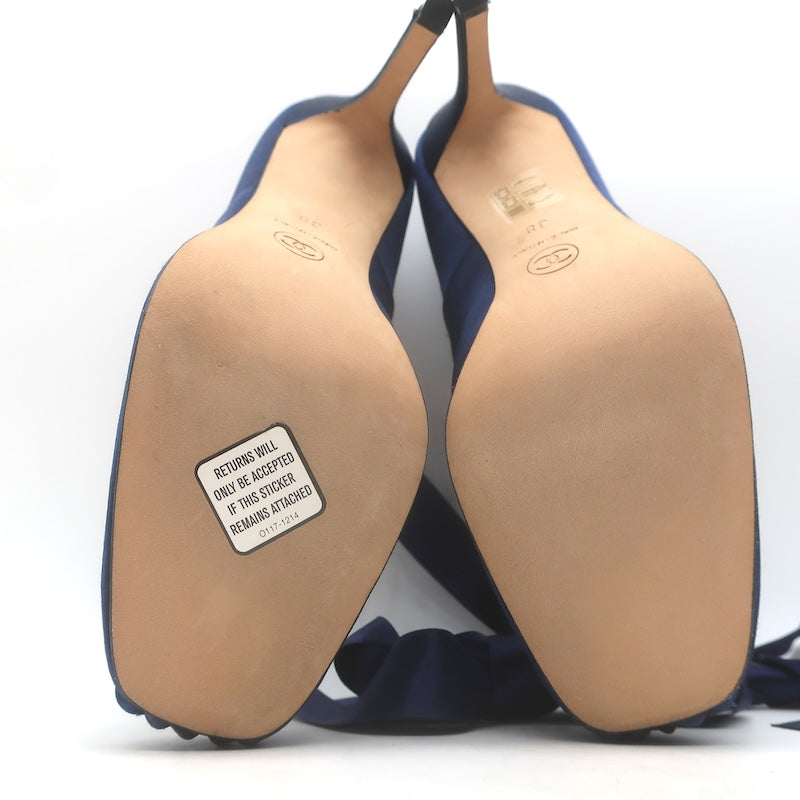 Vintage Chanel 2022 Ankle Wrap Ballet Pumps Navy Satin Size 38 NEW