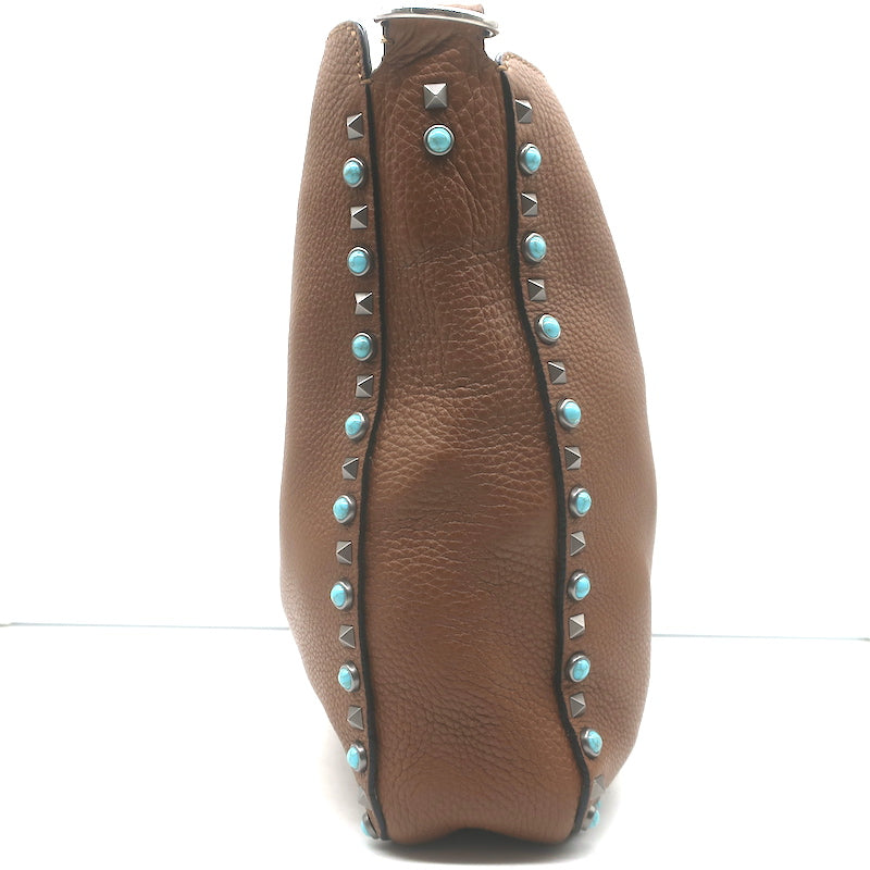 Valentino Rolling Rockstud Guitar Strap Flip-Lock Messenger Bag Brown Leather