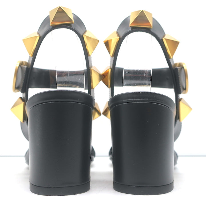 Valentino Roman Stud 60mm Sandals Black Leather Size 36 Ankle Strap Heels