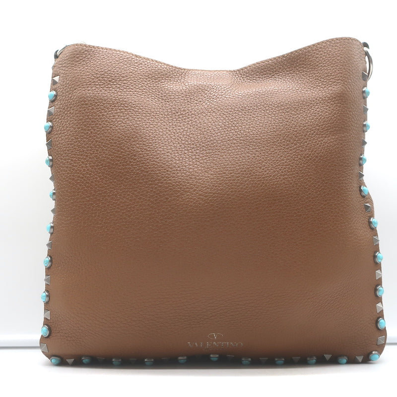 Valentino Rolling Rockstud Guitar Strap Flip-Lock Messenger Bag Brown Leather