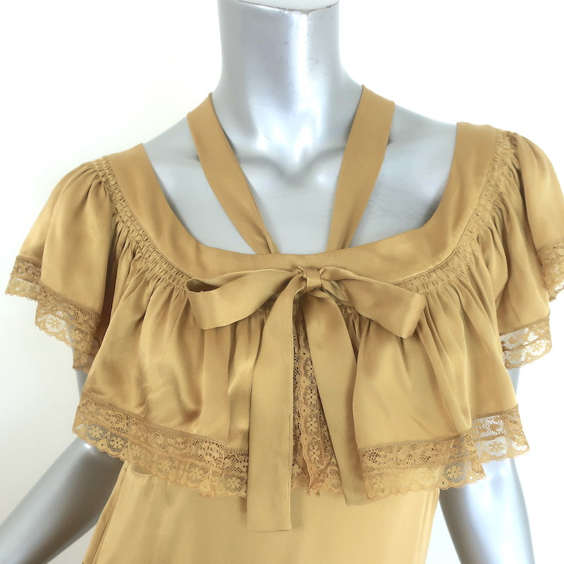 Doen Sicilia Ruffled Lace-Trim Maxi Dress Mustard Matte Satin Size Small