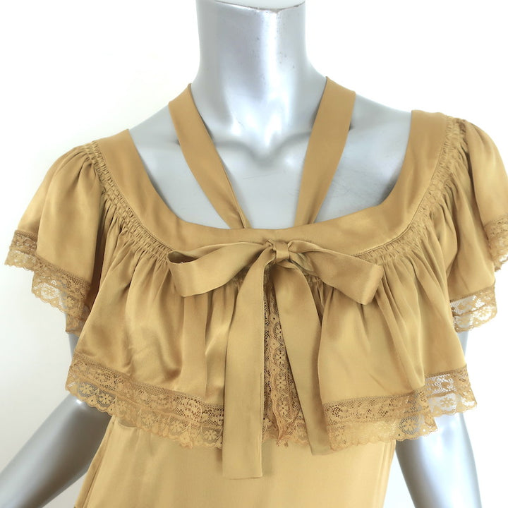 Doen Sicilia Ruffled Lace-Trim Maxi Dress Mustard Matte Satin Size Small