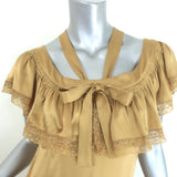 Doen Sicilia Ruffled Lace-Trim Maxi Dress Mustard Matte Satin Size Small