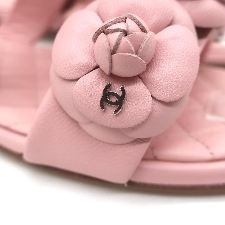 Chanel 2018 Camellia Double Strap Slide Sandals Light Pink Leather Size 38C