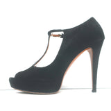 Gucci Betty T-Strap Platform Pumps Black Suede Size 37.5 Peep Toe Heels
