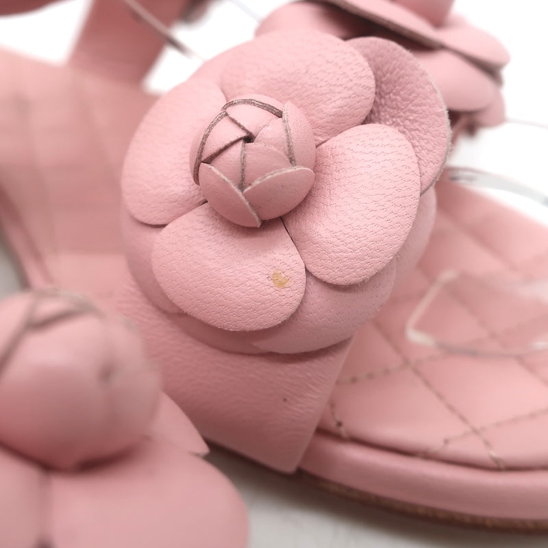 Chanel 2018 Camellia Double Strap Slide Sandals Light Pink Leather Size 38C