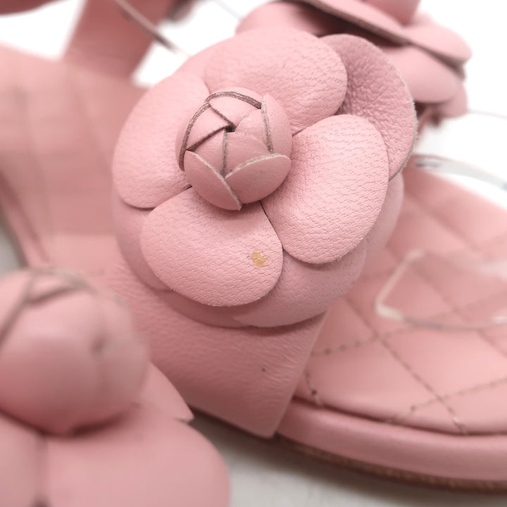 Chanel 2018 Camellia Double Strap Slide Sandals Light Pink Leather Size 38C