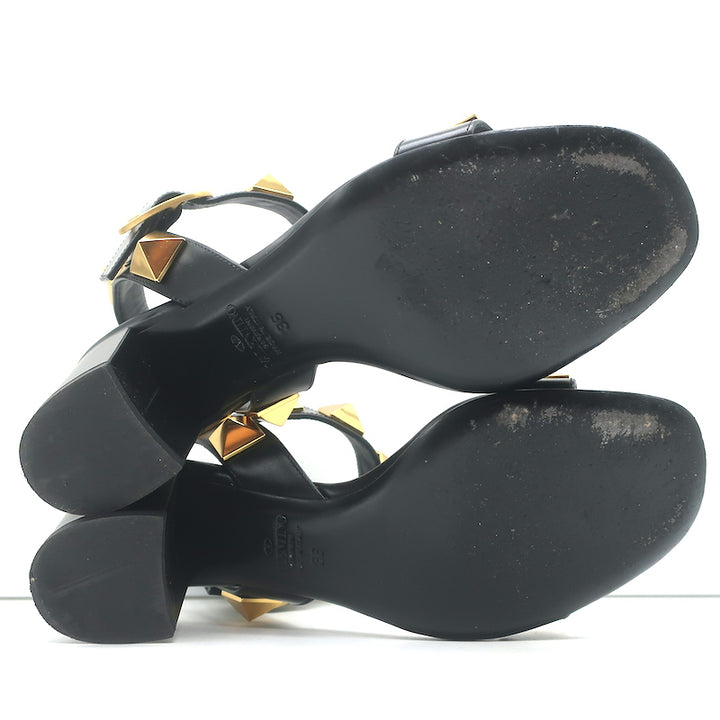 Valentino Roman Stud 60mm Sandals Black Leather Size 36 Ankle Strap Heels