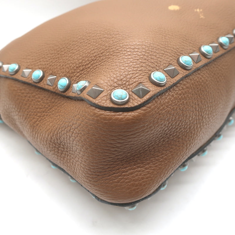 Valentino Rolling Rockstud Guitar Strap Flip-Lock Messenger Bag Brown Leather