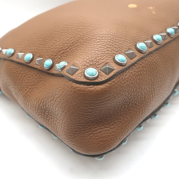 Valentino Rolling Rockstud Guitar Strap Flip-Lock Messenger Bag Brown Leather