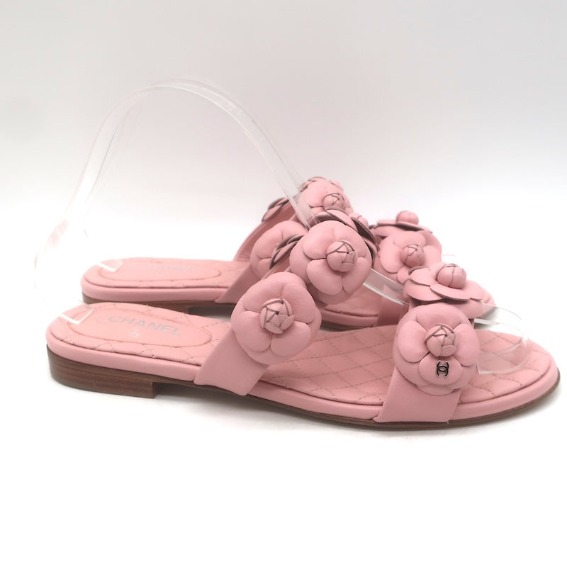 Chanel 2018 Camellia Double Strap Slide Sandals Light Pink Leather Size 38C