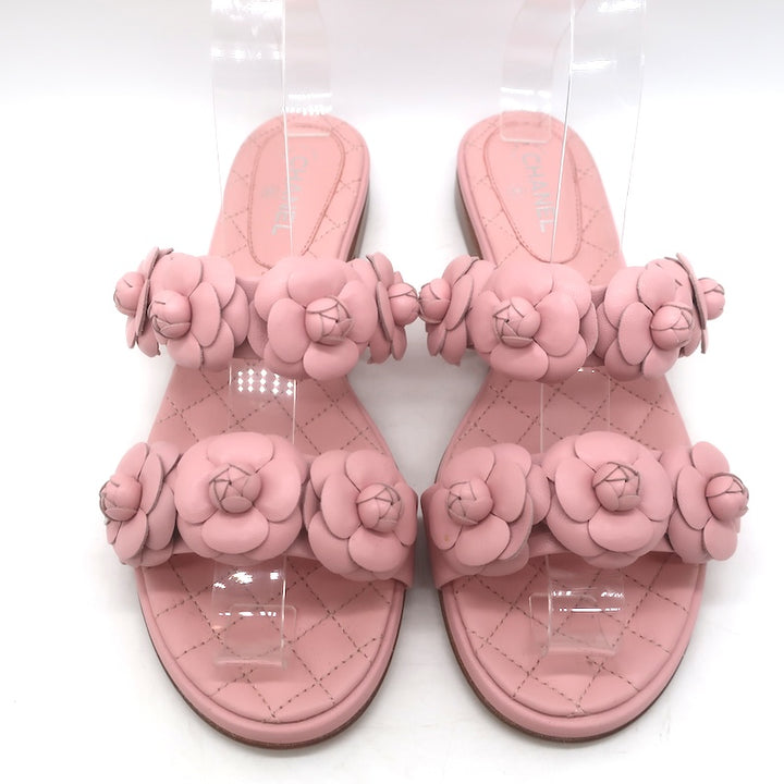Chanel 2018 Camellia Double Strap Slide Sandals Light Pink Leather Size 38C