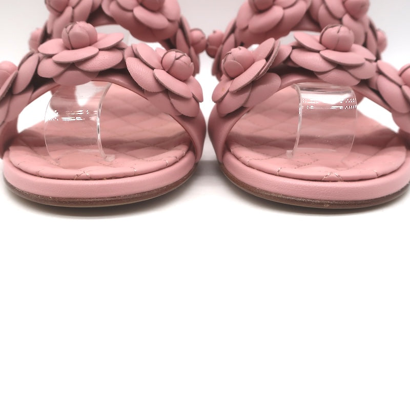 Chanel 2018 Camellia Double Strap Slide Sandals Light Pink Leather Size 38C