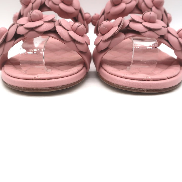 Chanel 2018 Camellia Double Strap Slide Sandals Light Pink Leather Size 38C