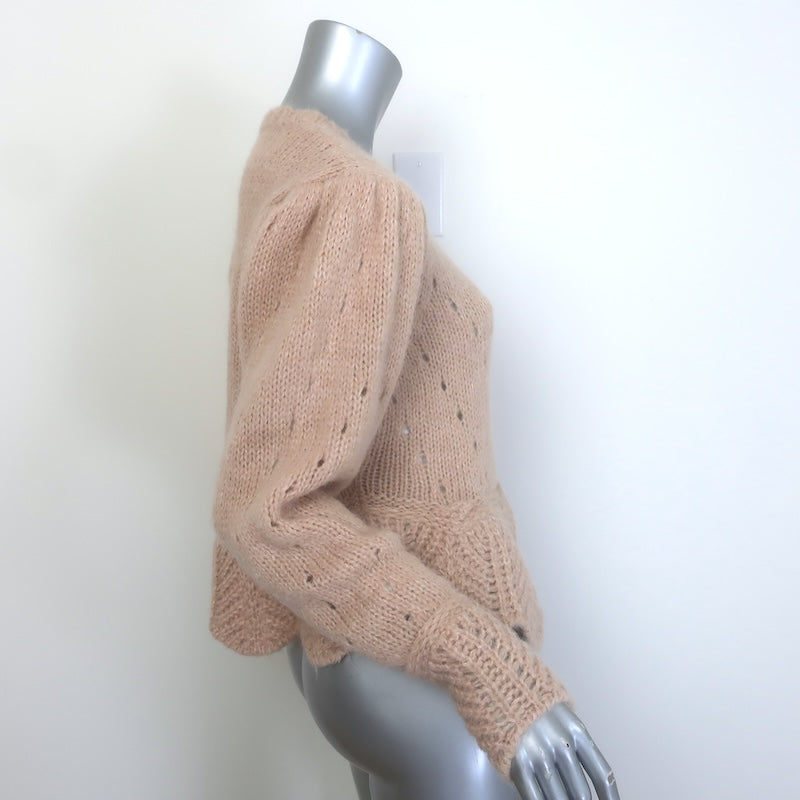 FARM Rio Ruffled Pointelle Puff Sleeve Cardigan Peach Mohair-Blend Size Medium