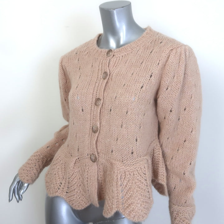 FARM Rio Ruffled Pointelle Puff Sleeve Cardigan Peach Mohair-Blend Size Medium
