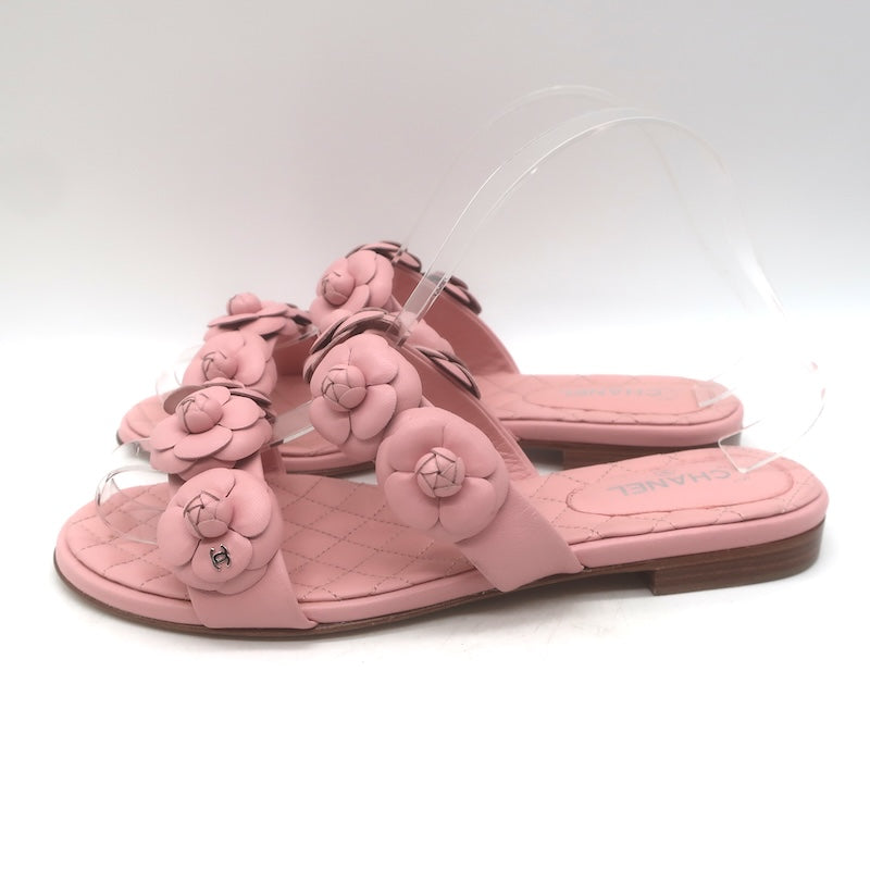 Chanel 2018 Camellia Double Strap Slide Sandals Light Pink Leather Size 38C