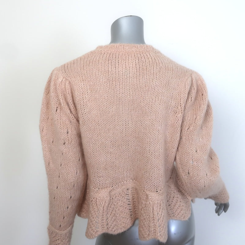 FARM Rio Ruffled Pointelle Puff Sleeve Cardigan Peach Mohair-Blend Size Medium