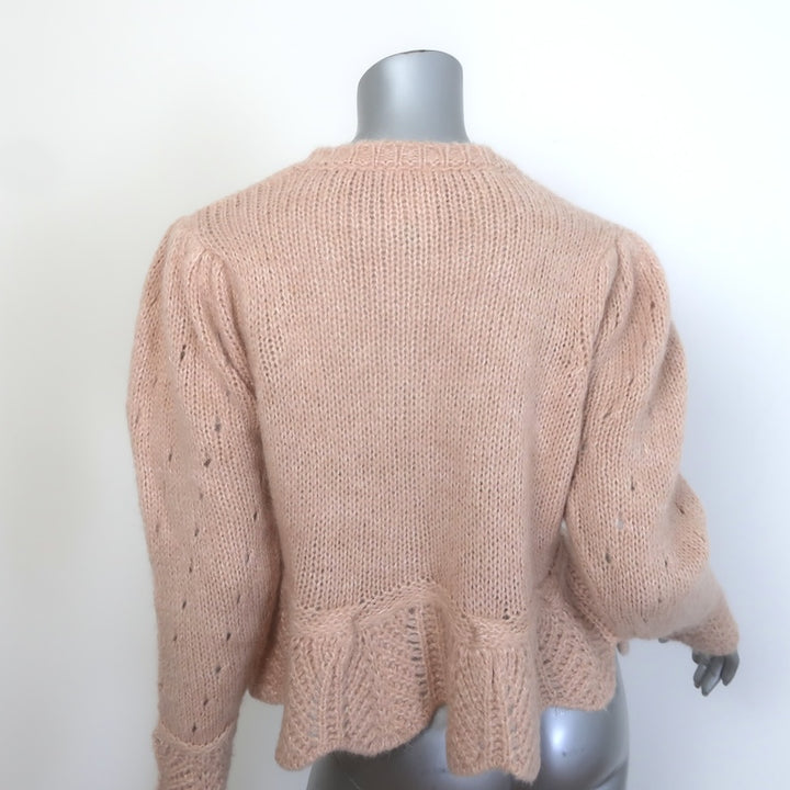 FARM Rio Ruffled Pointelle Puff Sleeve Cardigan Peach Mohair-Blend Size Medium