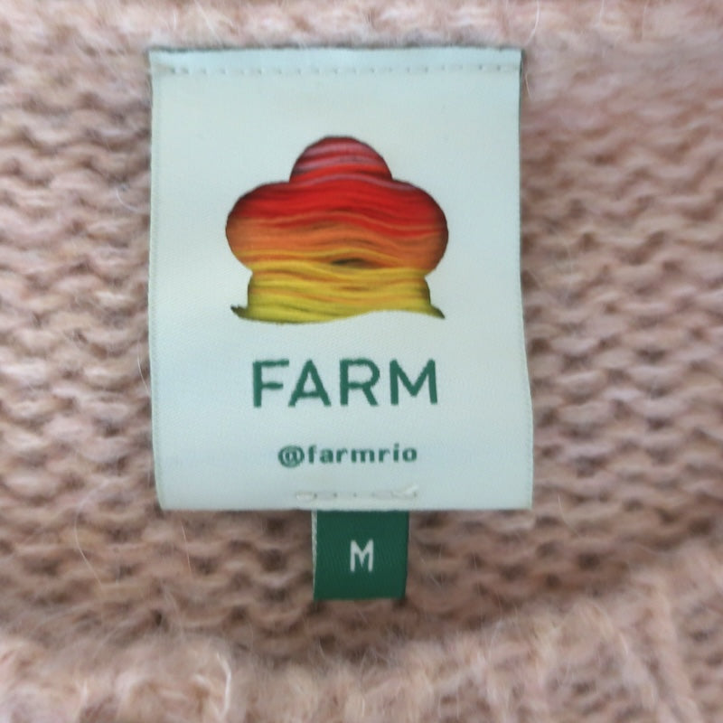 FARM Rio Ruffled Pointelle Puff Sleeve Cardigan Peach Mohair-Blend Size Medium