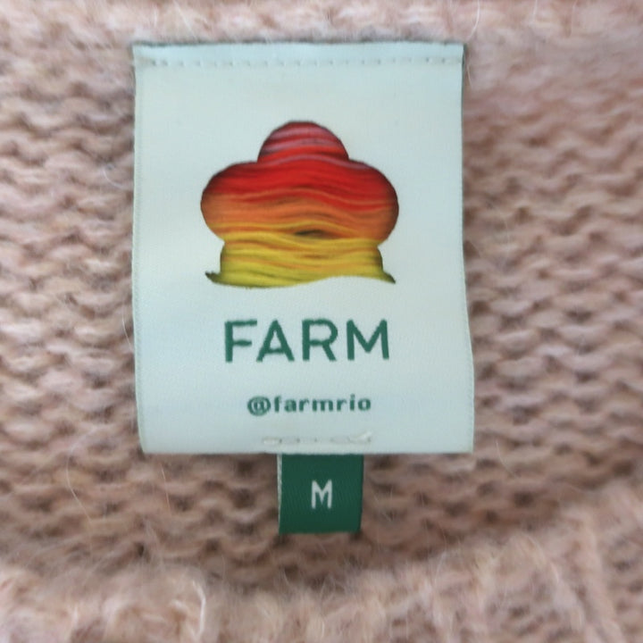 FARM Rio Ruffled Pointelle Puff Sleeve Cardigan Peach Mohair-Blend Size Medium