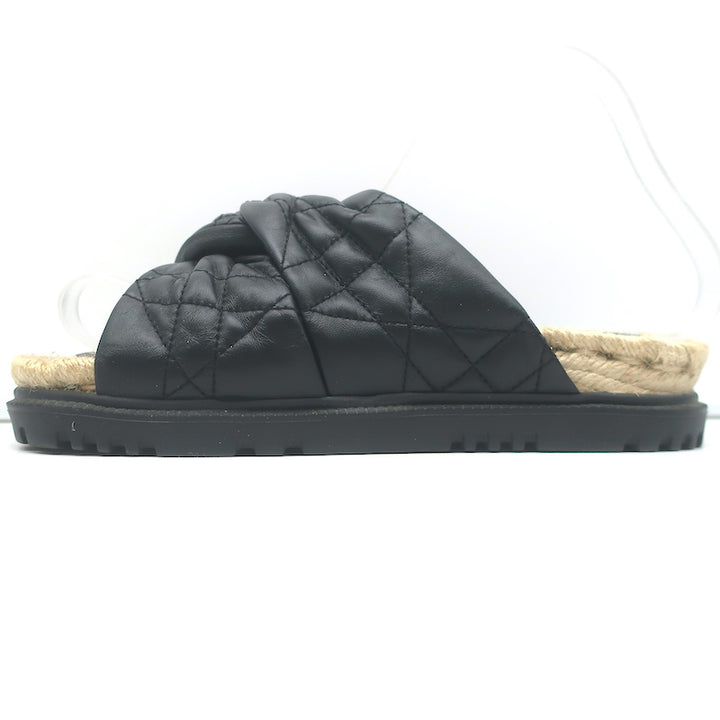 Christian Dior Cannage DTwist Espadrille Slide Sandals Black Leather Size 36