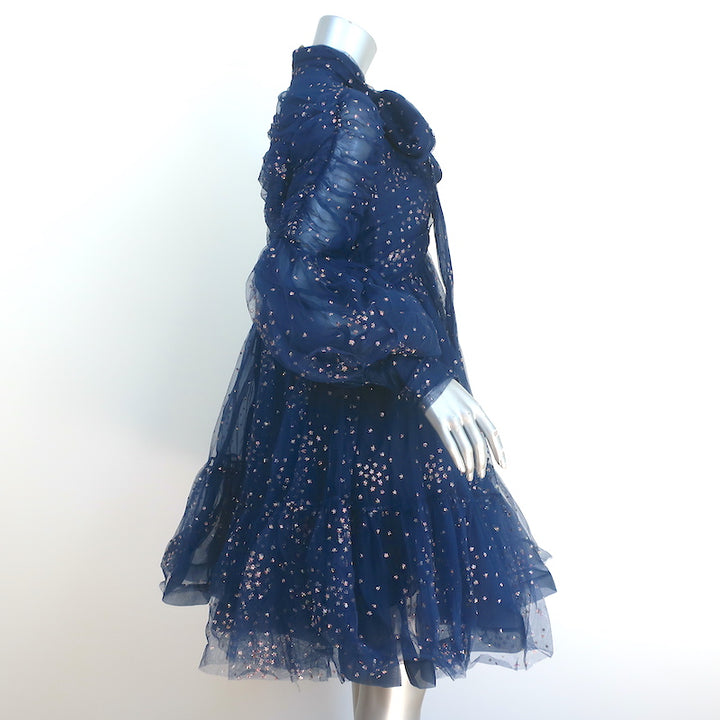 Zimmermann Tie-Neck Ruched Mini Dress Rhythm Navy Glitter Tulle Size 3