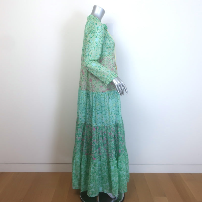 Yvonne S Hippy Tiered Maxi Dress Aqua Floral Print Cotton Voile Size Small