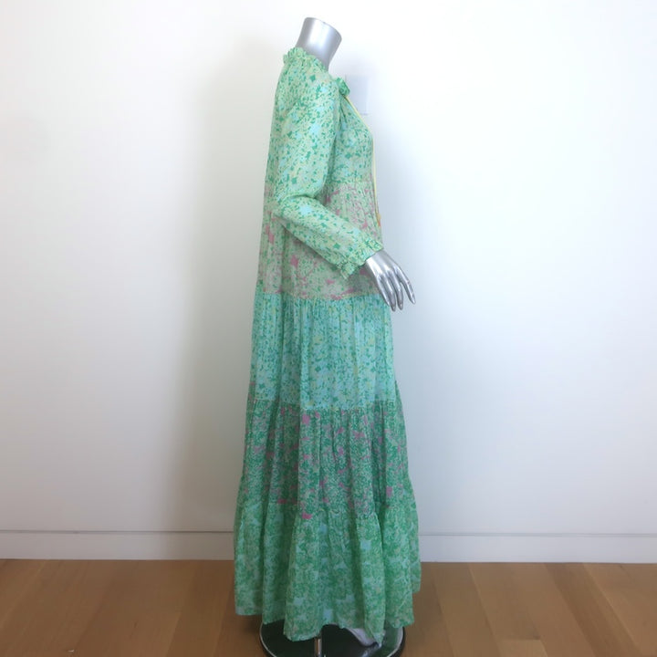 Yvonne S Hippy Tiered Maxi Dress Aqua Floral Print Cotton Voile Size Small