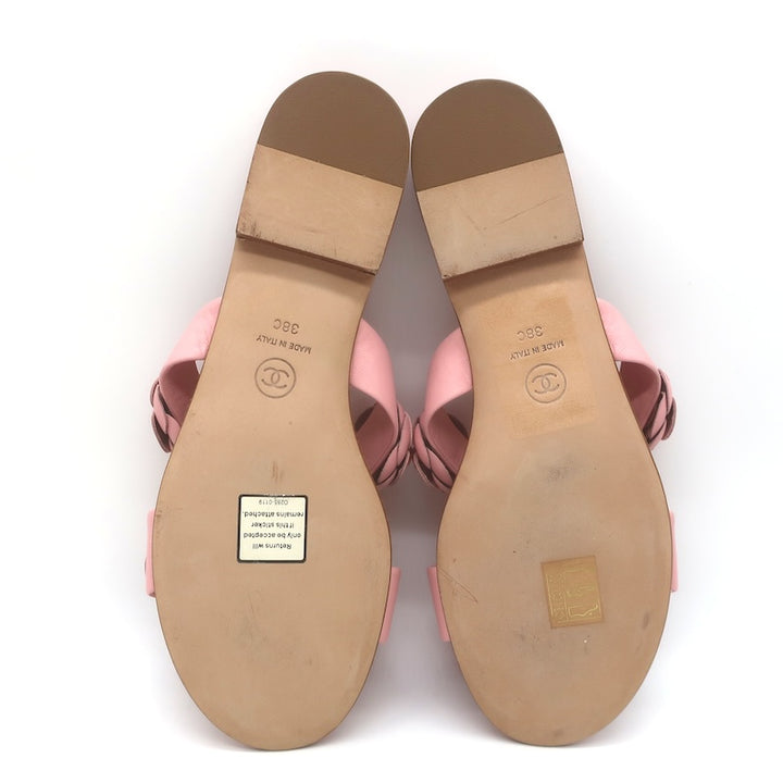 Chanel 2018 Camellia Double Strap Slide Sandals Light Pink Leather Size 38C