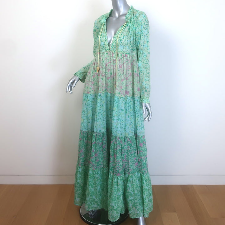 Yvonne S Hippy Tiered Maxi Dress Aqua Floral Print Cotton Voile Size Small
