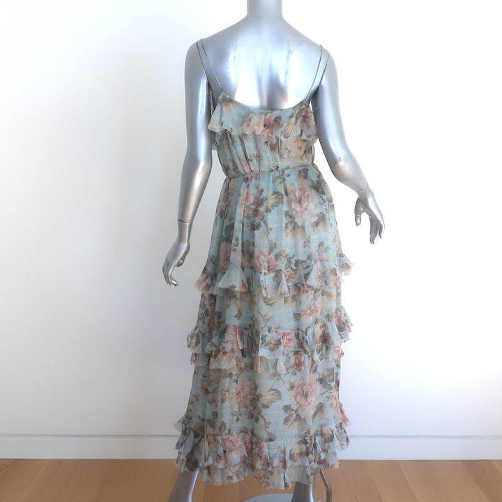 Zimmermann Tempest Frolic Ruffled Midi Dress Blue Floral Print Silk Size 1
