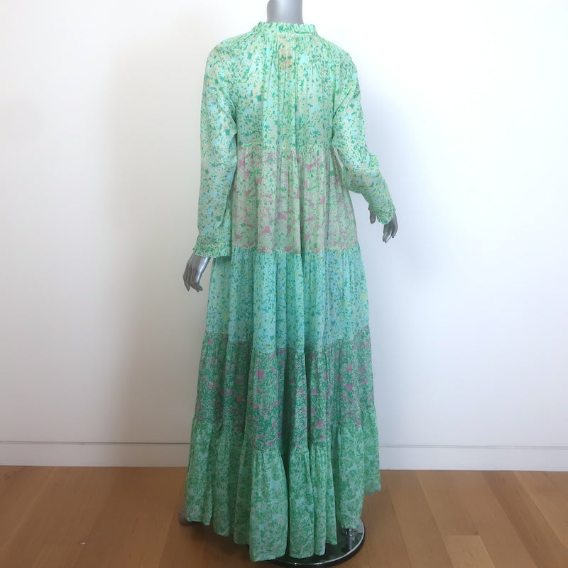 Yvonne S Hippy Tiered Maxi Dress Aqua Floral Print Cotton Voile Size Small