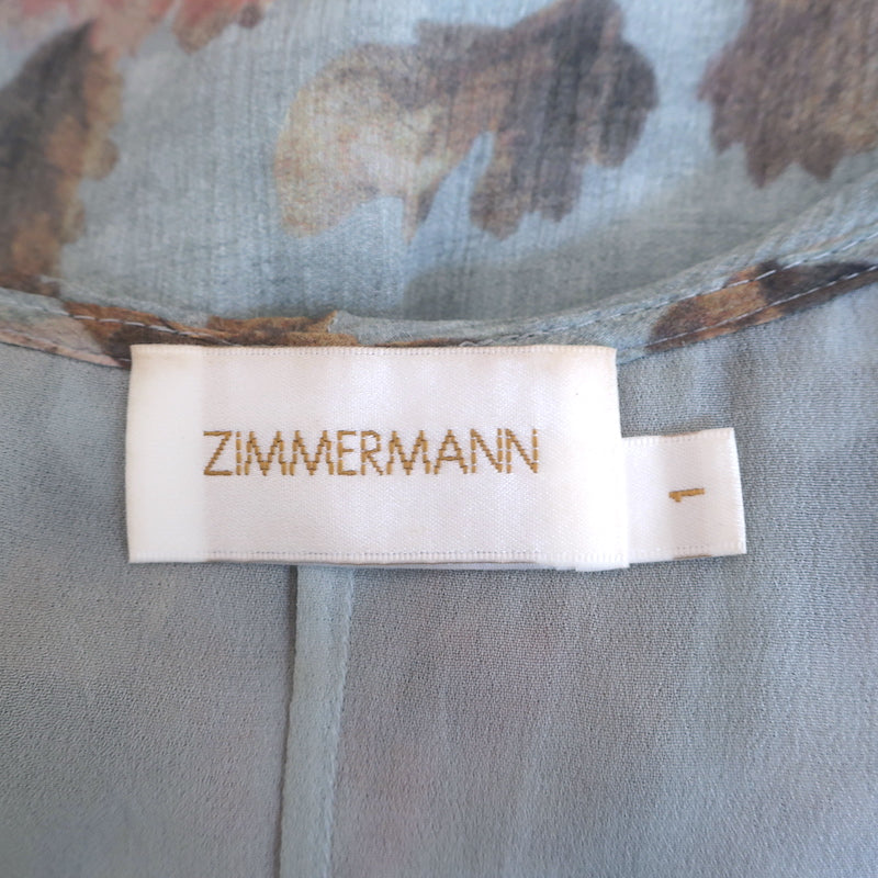 Zimmermann Tempest Frolic Ruffled Midi Dress Blue Floral Print Silk Size 1