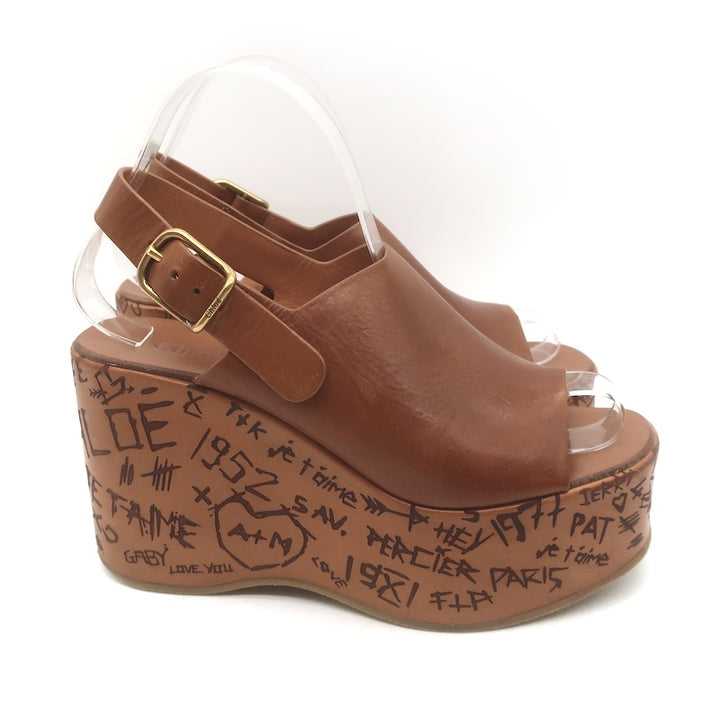 Chloe Maxime Platform Slingback Wedge Sandals Brown Leather Size 37