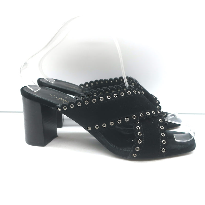 Saint Laurent Loulou Crisscross Sandals Black Grommet-Embellished Suede Size 38