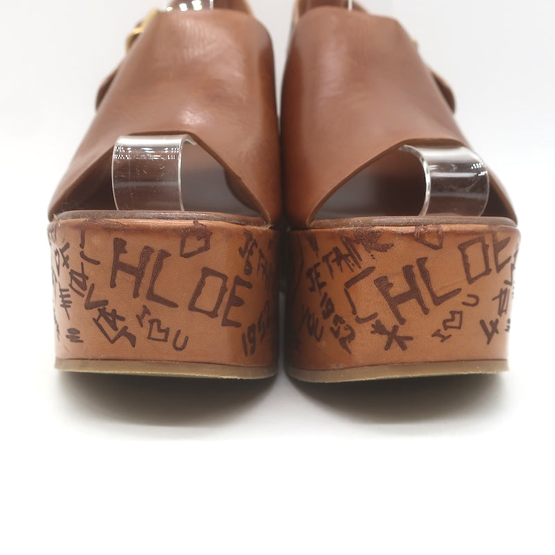 Chloe Maxime Platform Slingback Wedge Sandals Brown Leather Size 37